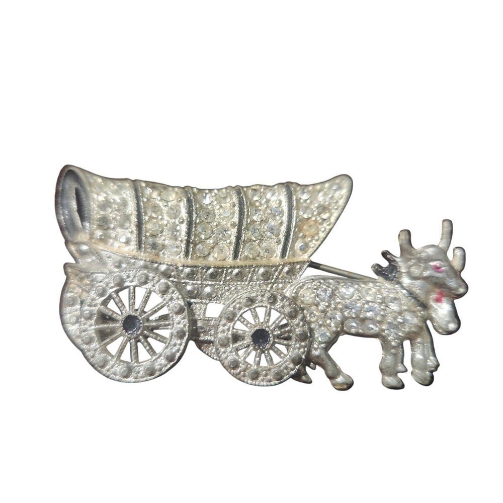 Rhinestone Brooch Covered Wagon and Ox Pot Metal Silver Tone Western Pioneer Pin